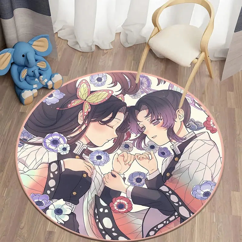 Round rug featuring Shinobu Kocho and Kanae Kocho from Demon Slayer: Kimetsu no Yaiba, beautifully illustrated with anime details perfect for otaku room or bedroom decor