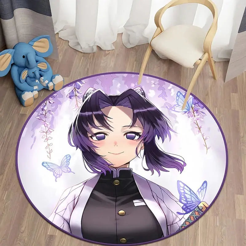 Round anime-themed rug featuring Shinobu Kocho from Demon Slayer: Kimetsu no Yaiba, the Insect Hashira, with vibrant butterfly motifs and a colorful design ideal for anime fan rooms