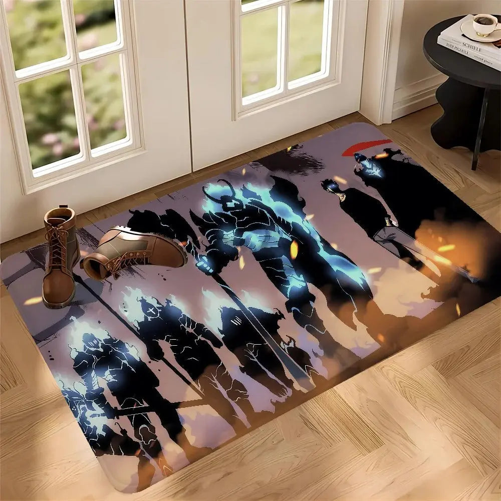 Solo Leveling anime door mat placed at the entrance of a bedroom with clean modern decor