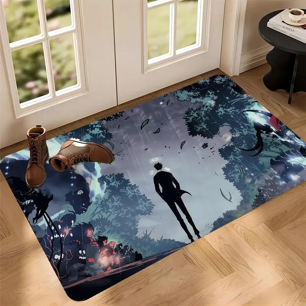 Anti-slip Solo Leveling door mat at the entryway with bold character print