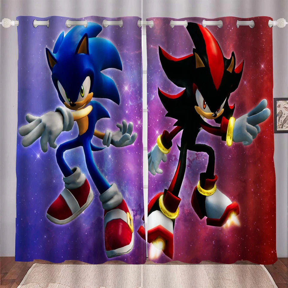 Sonic kids room blackout curtains, soft-touch polyester cartoon drapes.