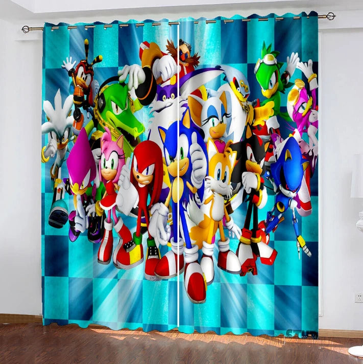 Sonic the Hedgehog kids room curtains with bright cartoon character design.