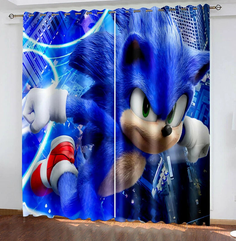Sonic-themed bedroom curtains for kids, cartoon blackout window panels.