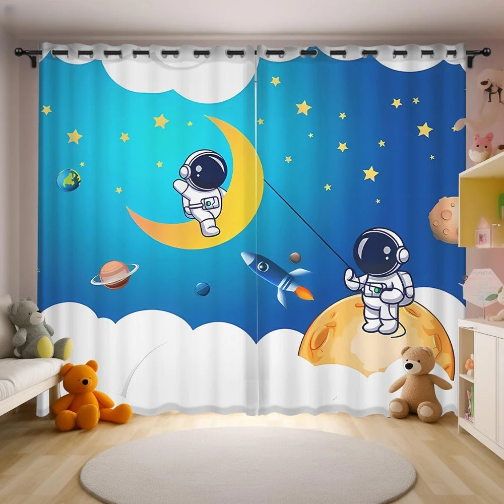 Galaxy astronaut curtains, cartoon blackout window drapes for children’s room.