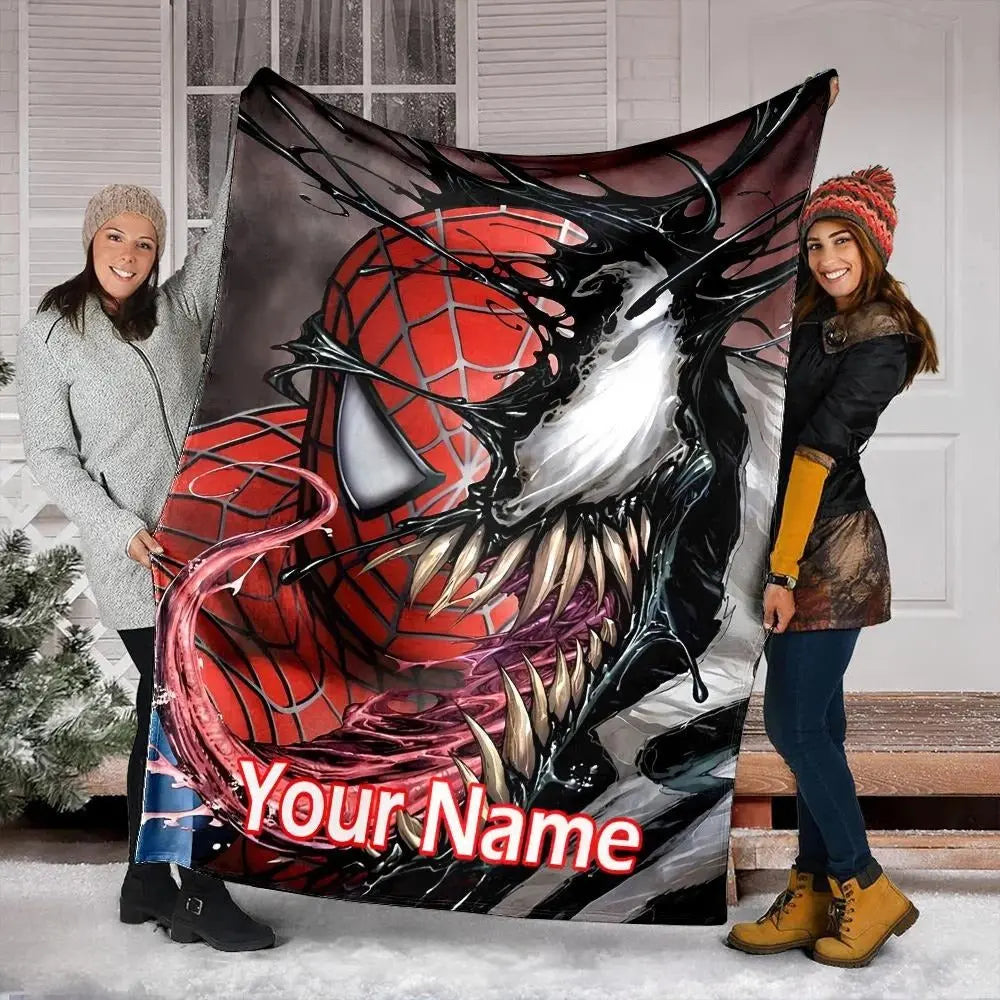 Spider-Man and Venom cartoon blanket with custom name, cozy superhero gift for kids