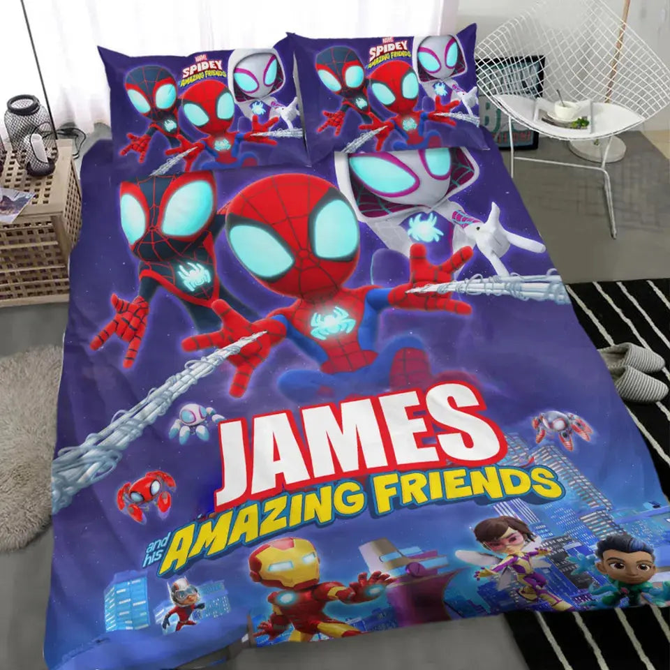 Custom name Spidey and His Amazing Friends kids bedding set with duvet cover and pillowcases, personalized cartoon superhero bedroom decor for children