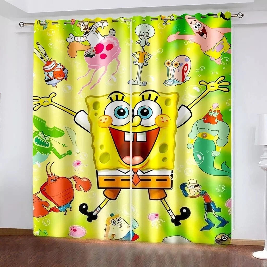 SpongeBob bedroom window drapes for kids, fun cartoon curtains for children.