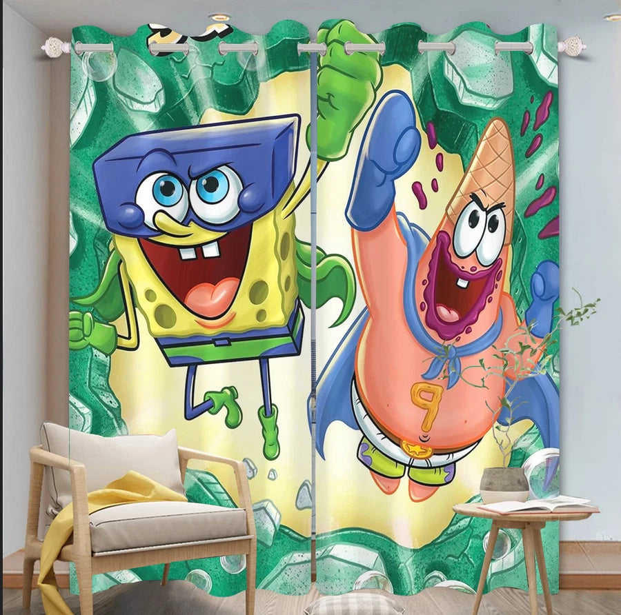 SpongeBob curtains for nursery and bedroom, kids cartoon blackout window drapes.