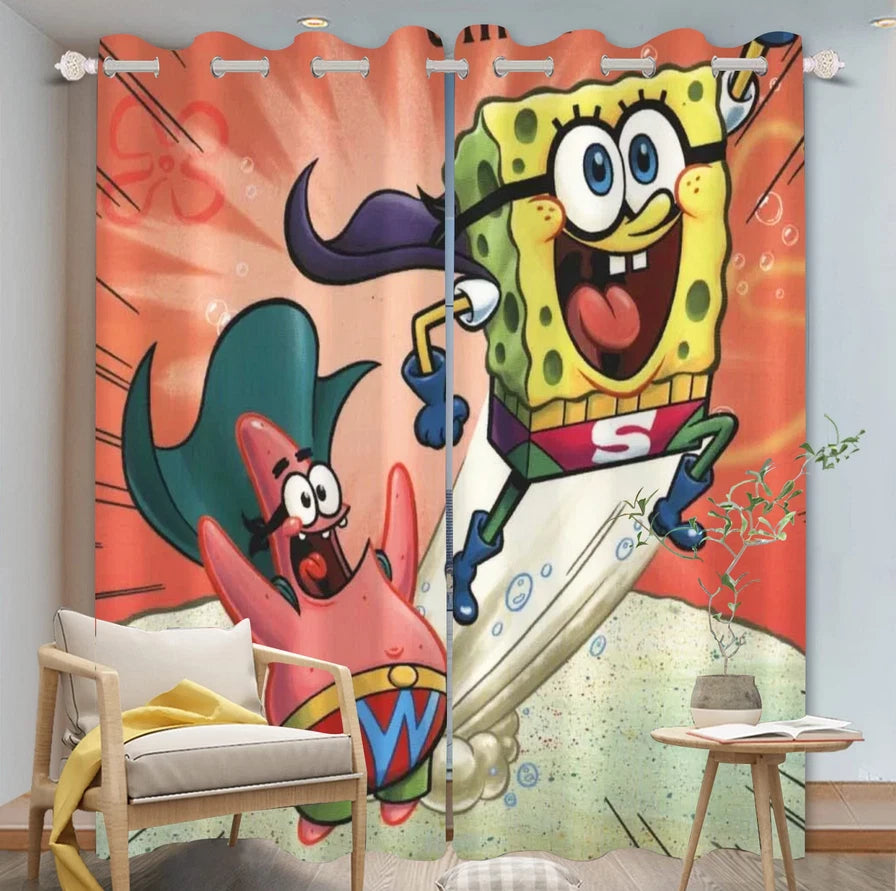 SpongeBob kids room blackout drapes, stylish cartoon window curtains for children.