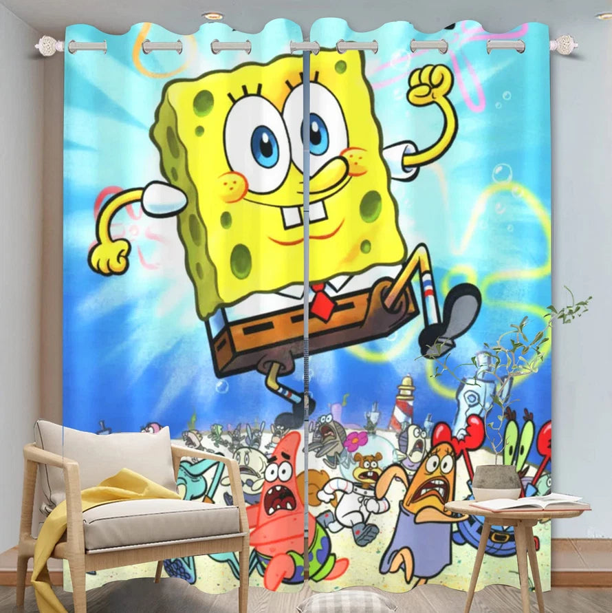 SpongeBob playroom window curtains, colorful cartoon drapes for kids spaces.
