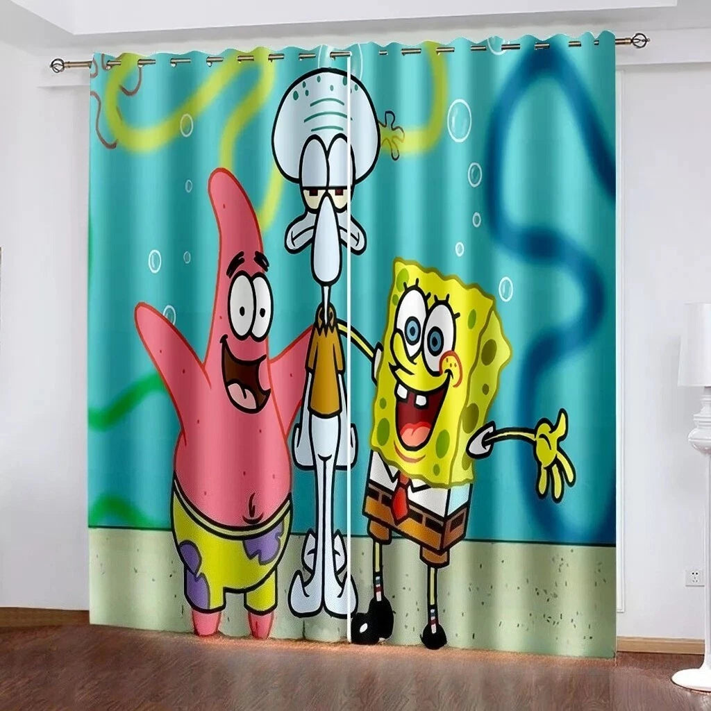 SpongeBob SquarePants kids curtains with cartoon design, blackout drapes for playroom.