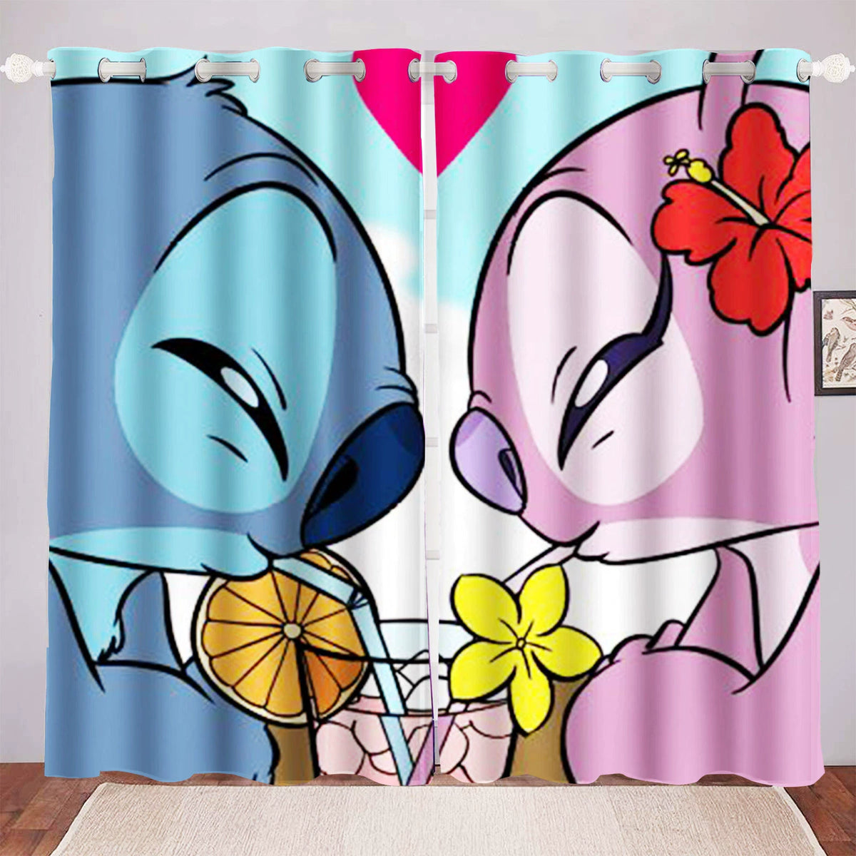 Stitch and Angel curtains for kids nursery and toddler room windows