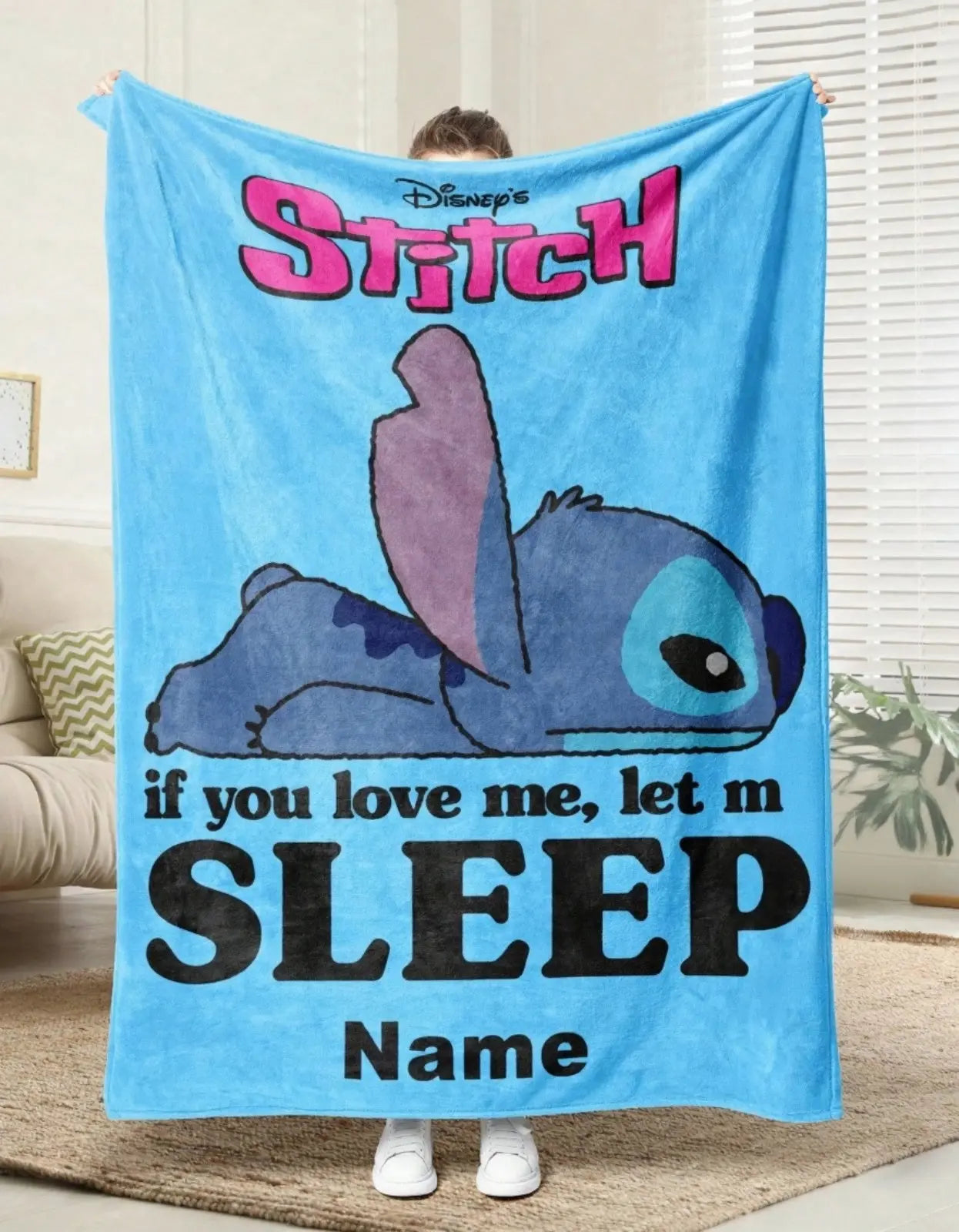 Stitch cartoon personalized kids blanket with custom name, cute and cozy Disney bedding for toddlers, baby boys and girls bedroom gift blanket.