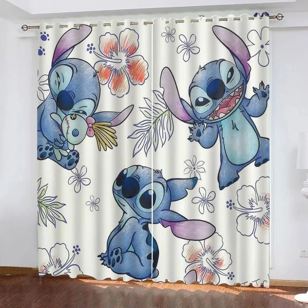 Cartoon Stitch Window Curtains with Tropical Ohana Design – Anime Blackout Drapes for Kids & Teens
