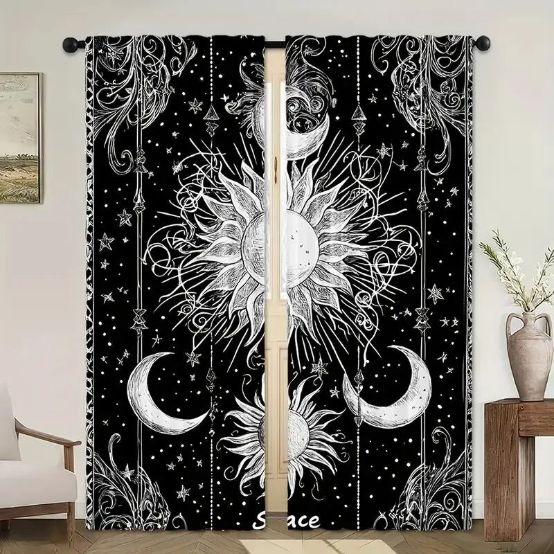 Sun and moon mandala curtains, blackout design for boho and cosmic-themed rooms.