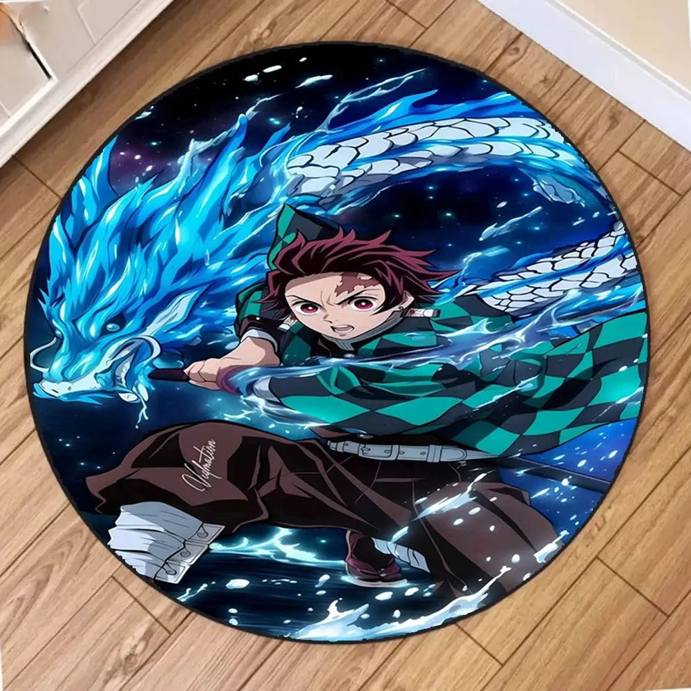 Round rug featuring Tanjiro Kamado from Demon Slayer: Kimetsu no Yaiba, designed for floor decoration with vibrant colors and durable material, perfect for rooms or entryways, showcasing his iconic look with detailed printing.