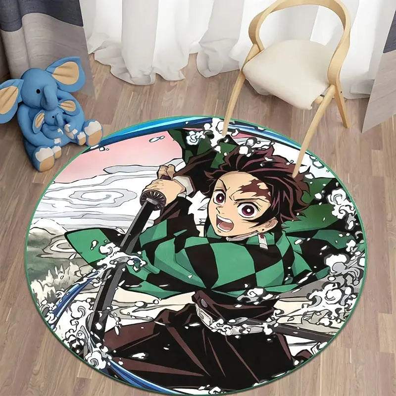 Round rug showcasing Tanjiro Kamado, the main protagonist of Demon Slayer: Kimetsu no Yaiba, depicted with his iconic hanafuda earrings and wielding Water Breathing techniques, set against a dynamic background inspired by his sword style.