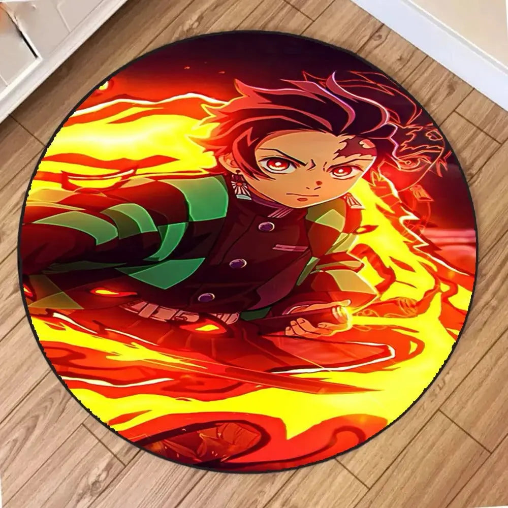 Round rug featuring Tanjiro Kamado from Demon Slayer: Kimetsu no Yaiba, depicted using his Fire Breathing technique surrounded by vivid flames, designed as a decorative piece for fans of the series.