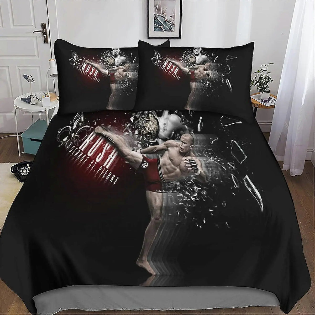 UFC-themed duvet cover set featuring Georges St-Pierre, aka “Rush,” with dynamic MMA fighter graphics and bold design perfect for UFC fans’ bedroom decor