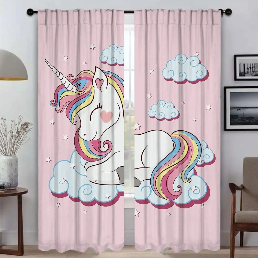 3D printed unicorn curtains for girls room with pastel rainbow and floral details.