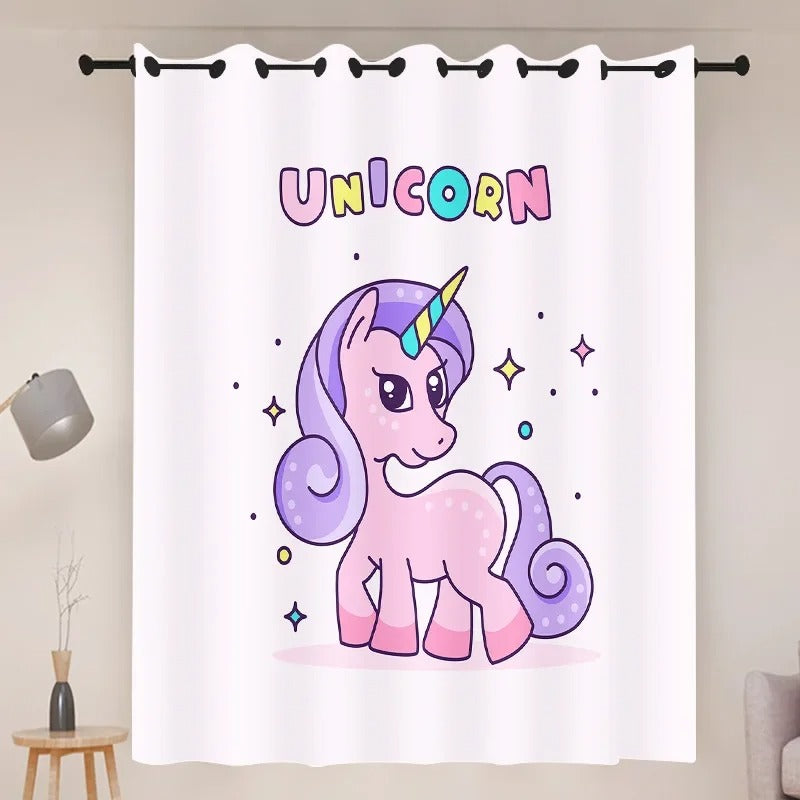 Two-panel unicorn blackout curtains set with rainbow and star print for bedroom décor.