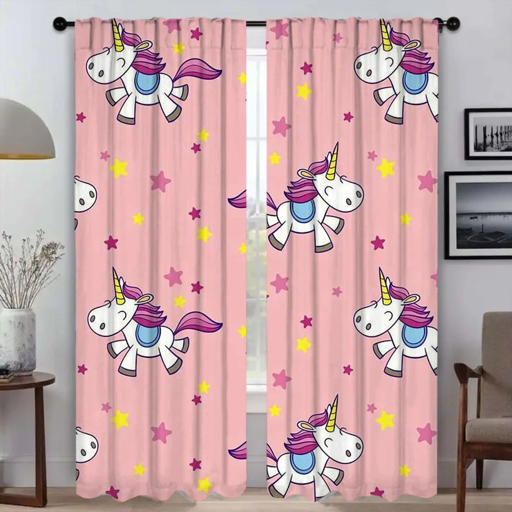 Kids unicorn blackout curtains with rainbow and stars design for girls bedroom décor.