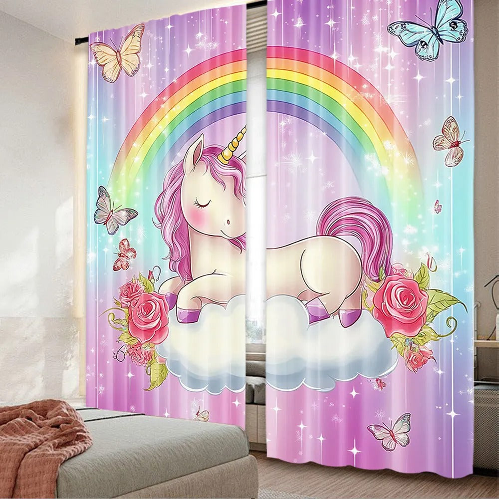 Unicorn and butterfly printed window curtains perfect for kids playroom or study.