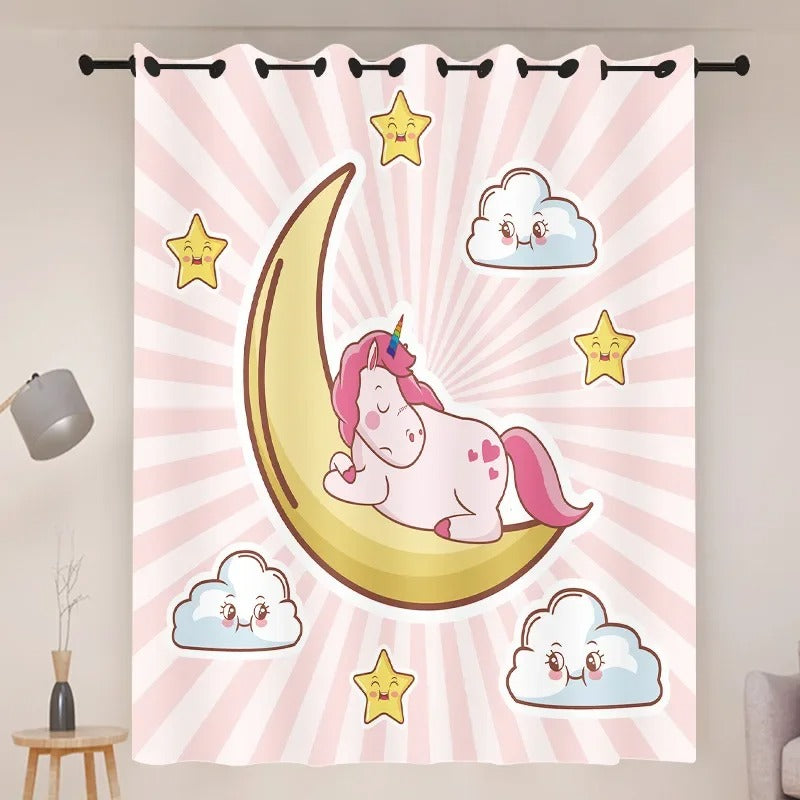 Cartoon unicorn window treatments for living room or study with cute rainbow details.