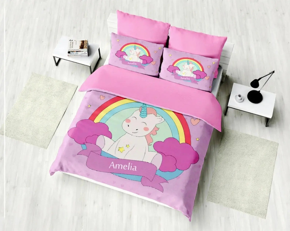 Personalized unicorn kids bedding set with monogrammed duvet cover and pillowcases, rainbow design for girls bedroom decor in twin, full, and queen sizes