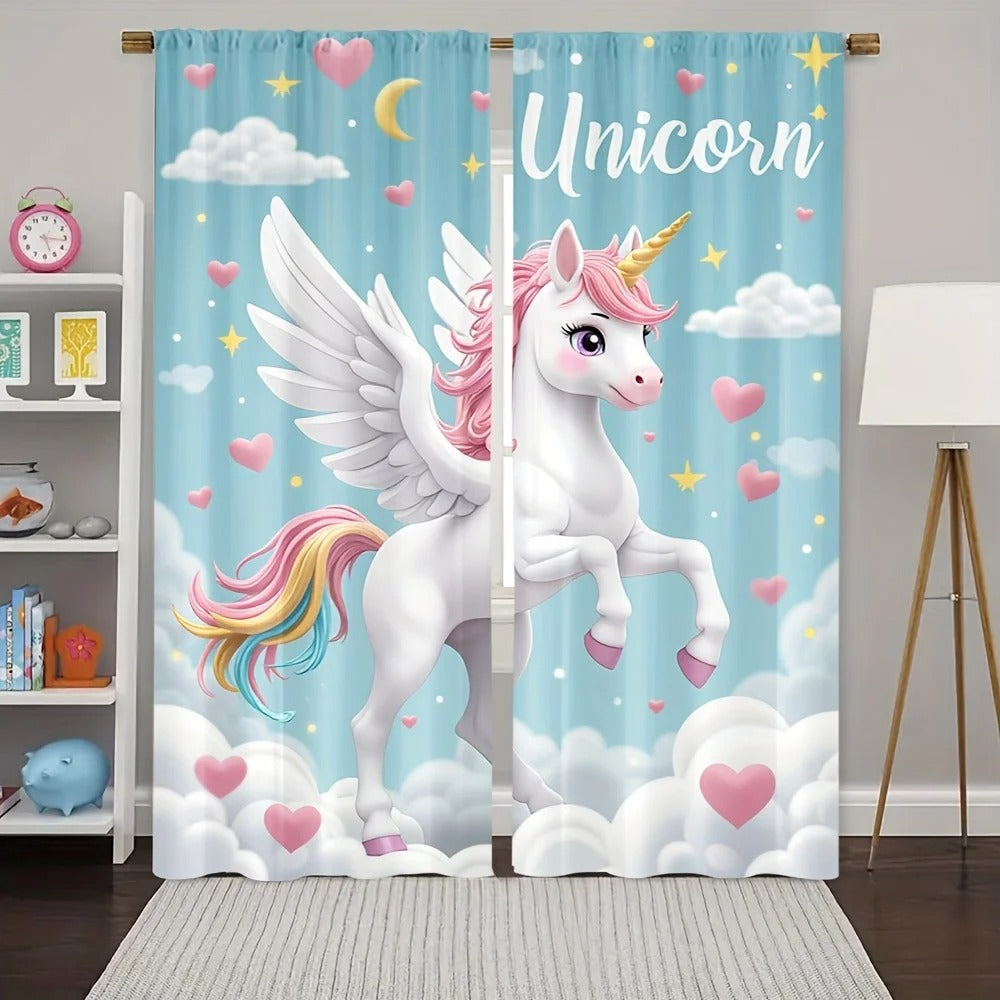 Unicorn rainbow print privacy window drapes for girls room or nursery.
