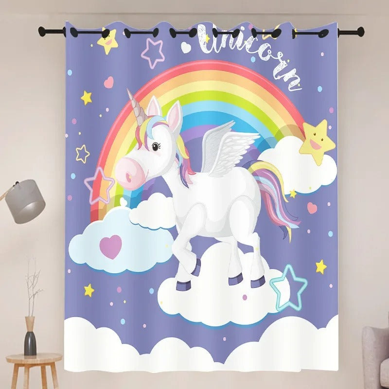 Room-darkening unicorn curtains for nursery or baby room, decorative and cozy.