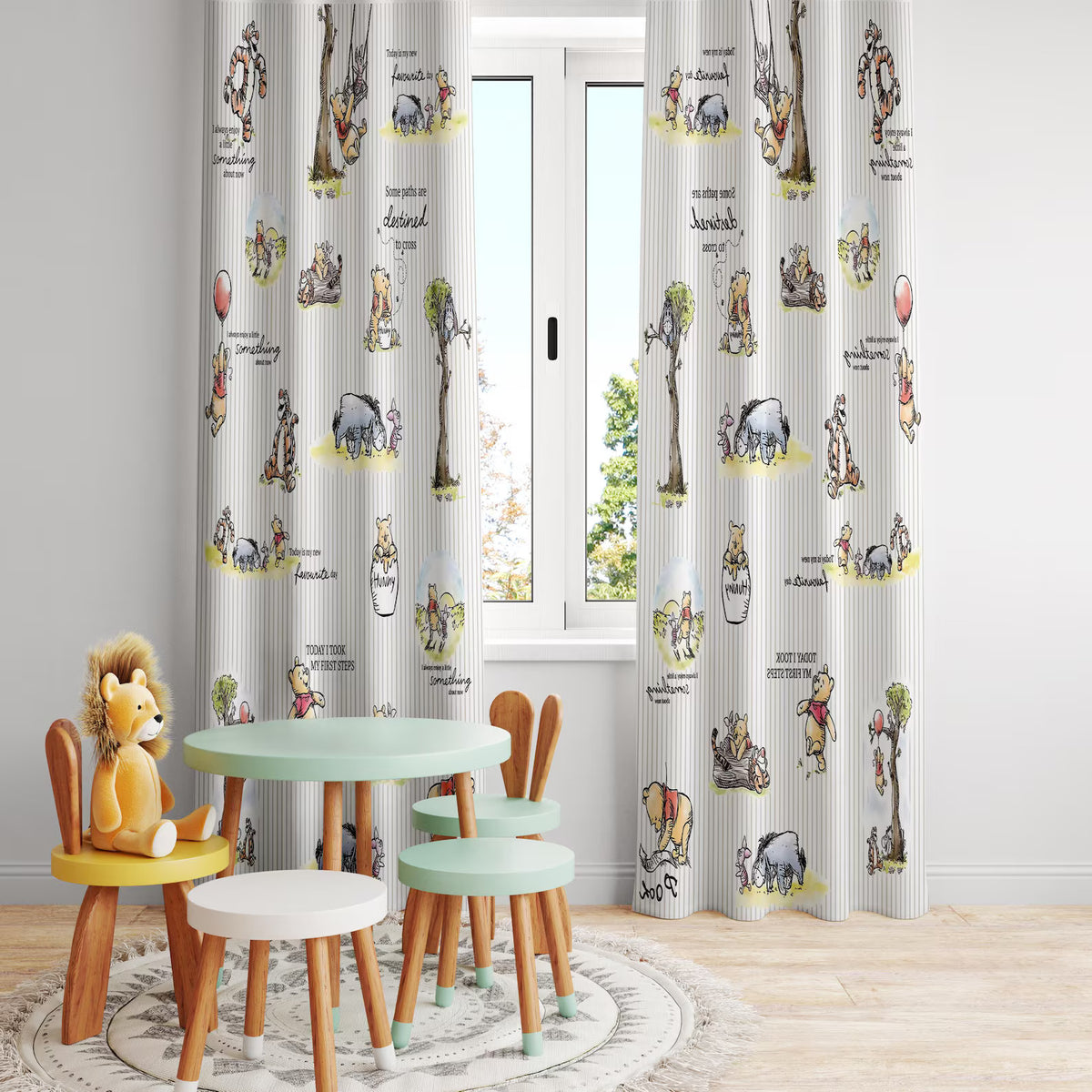 Winnie the Pooh nursery curtains with Piglet, Tigger, and friends, room darkening drapes for children’s rooms.