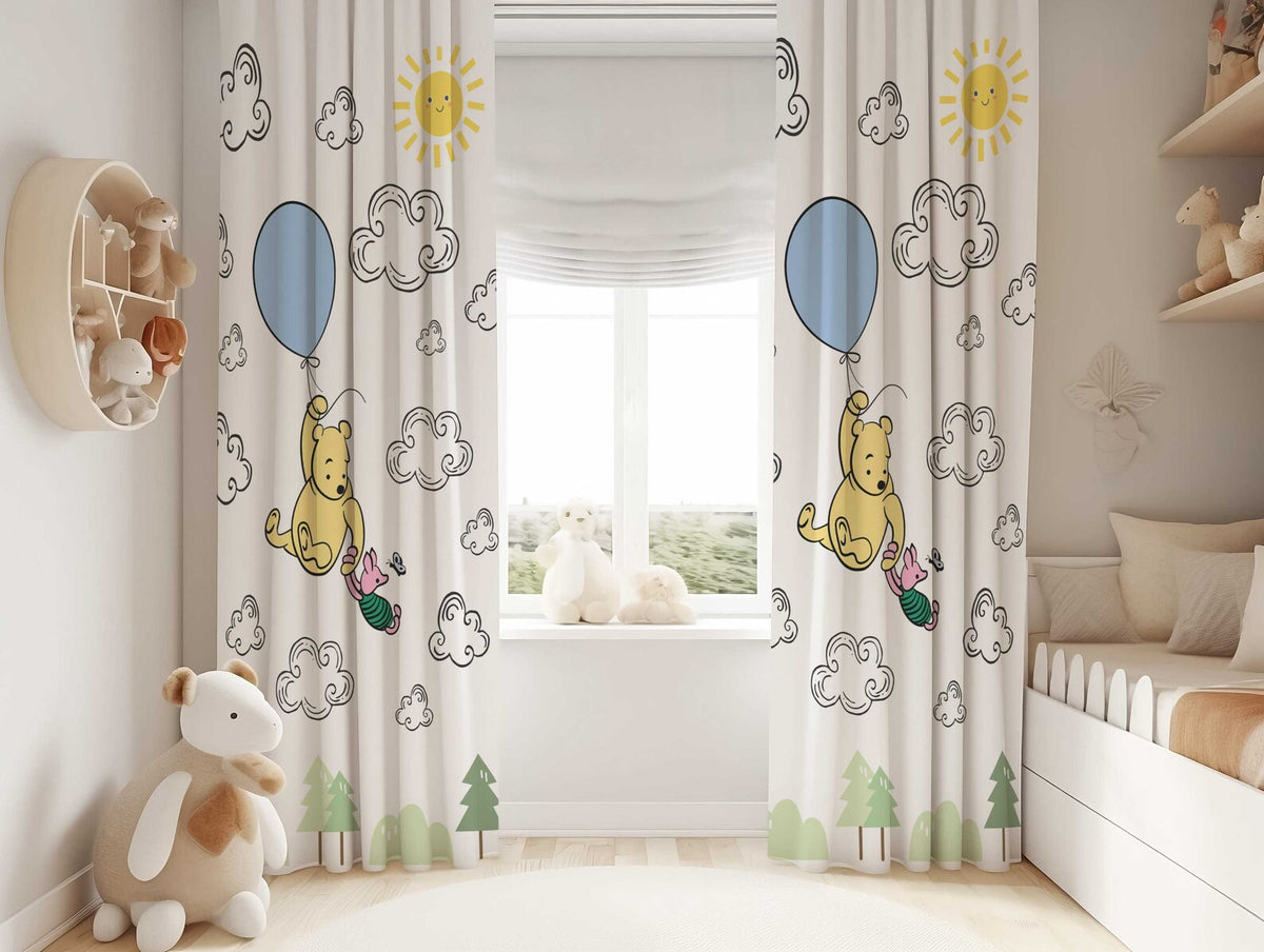 Winnie the Pooh nursery curtains, perfect blackout drapes as a baby shower gift.
