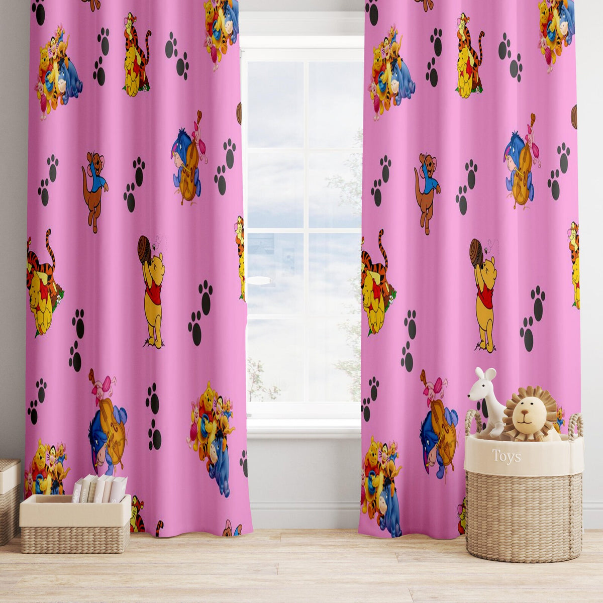 Winnie the Pooh bear nursery curtains, room darkening window drapes for children’s décor.