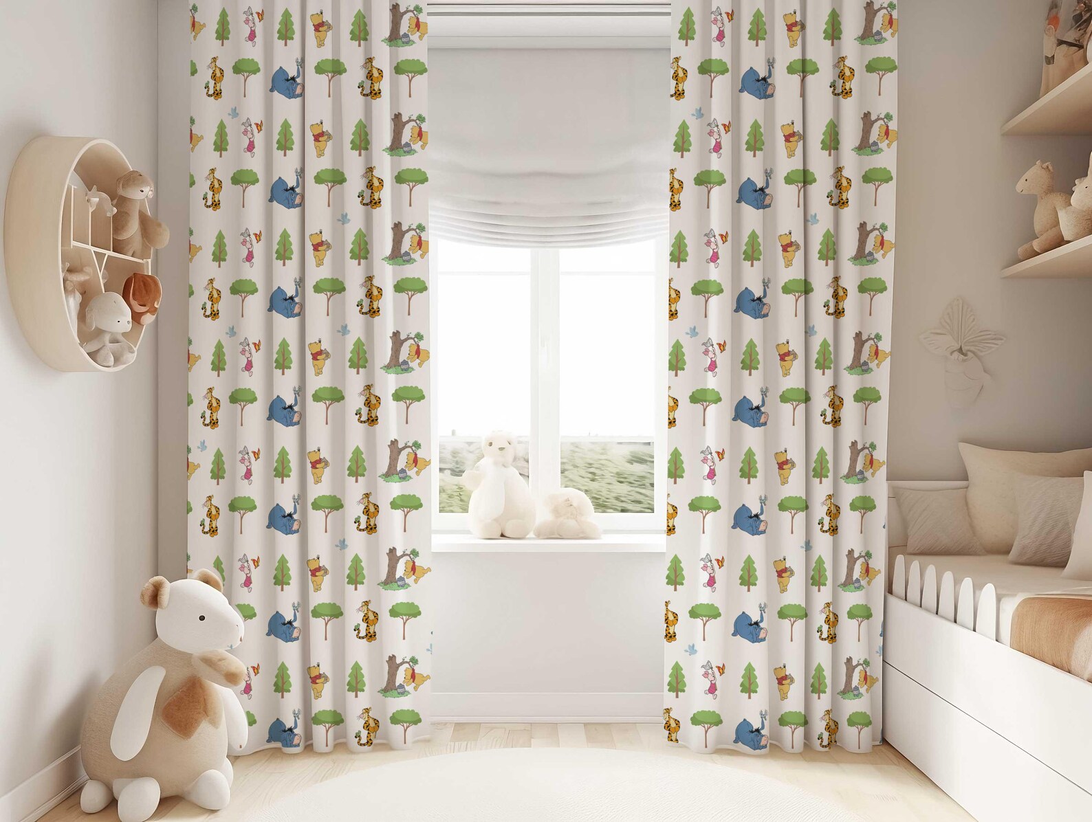 Winnie the Pooh boys room curtains, kids blackout drapes for playful décor.