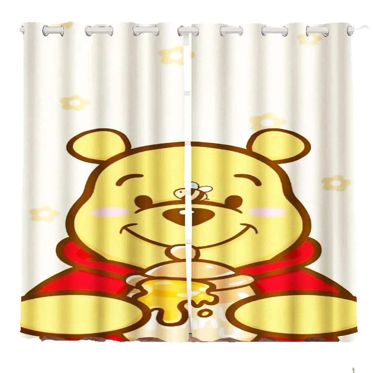 Winnie the Pooh curtain with a cartoon bear holding a honey pot on a white background, ideal for kids bedroom décor.