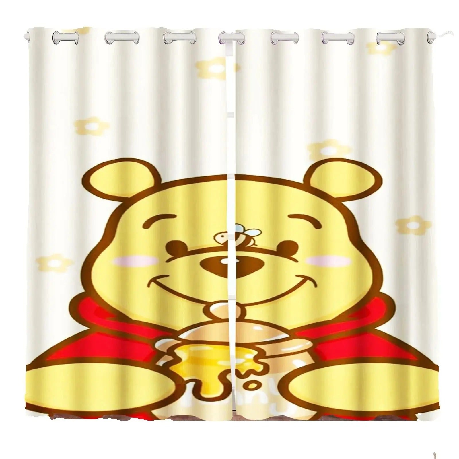 Winnie the Pooh curtain with a cartoon bear holding a honey pot on a white background, ideal for kids bedroom décor.