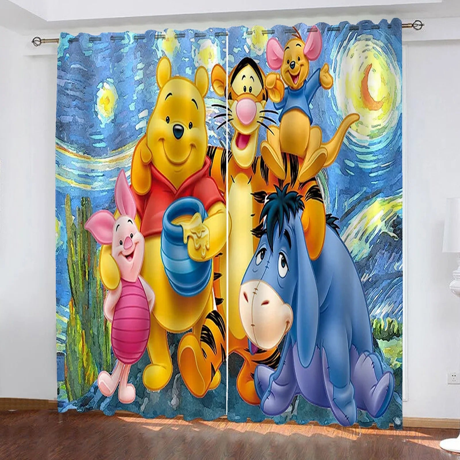 Window curtains with Winnie the Pooh cartoon characters in a playful kids room setting décor.