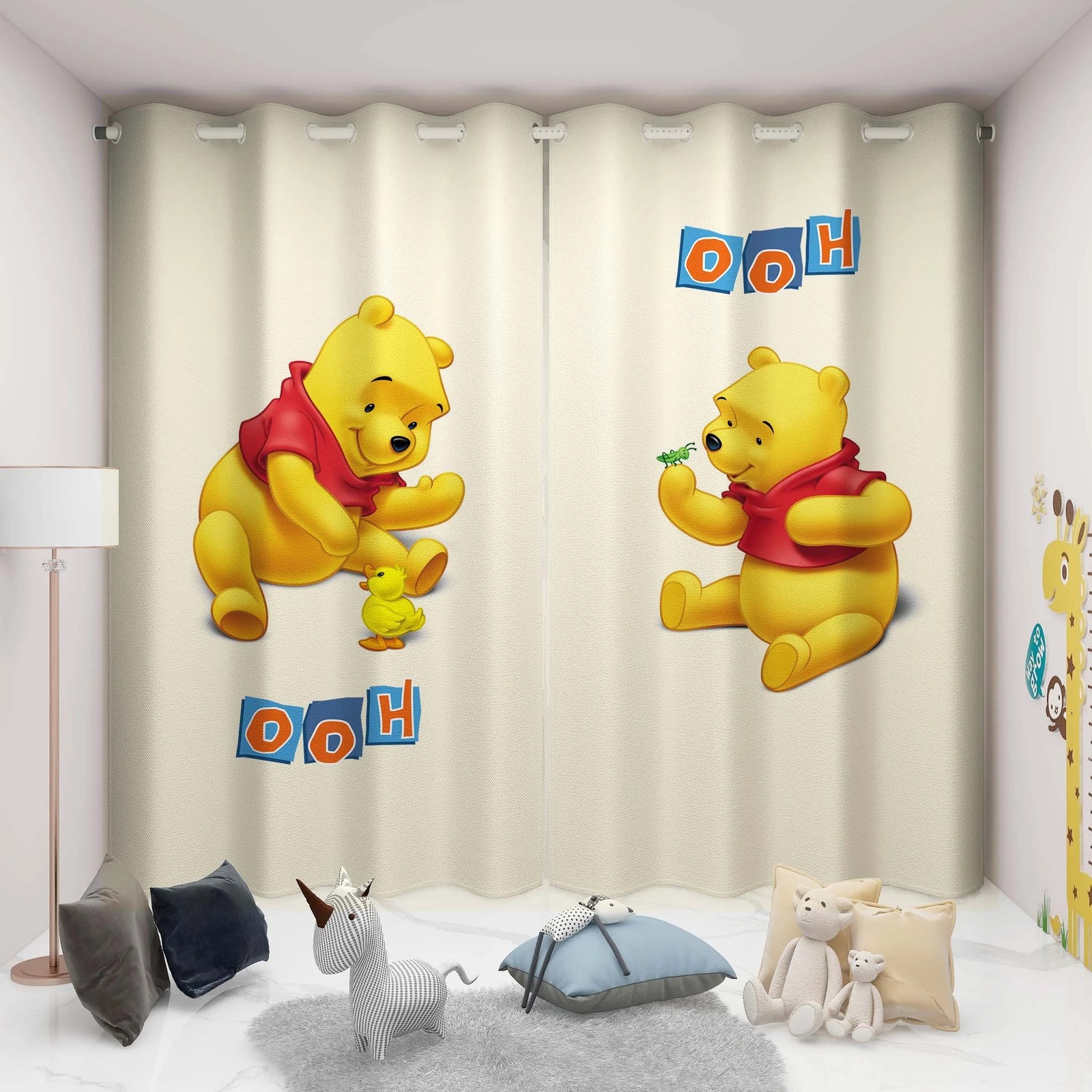Curtains with Winnie the Pooh cartoon characters in a kids room decorated with toys and playful décor.