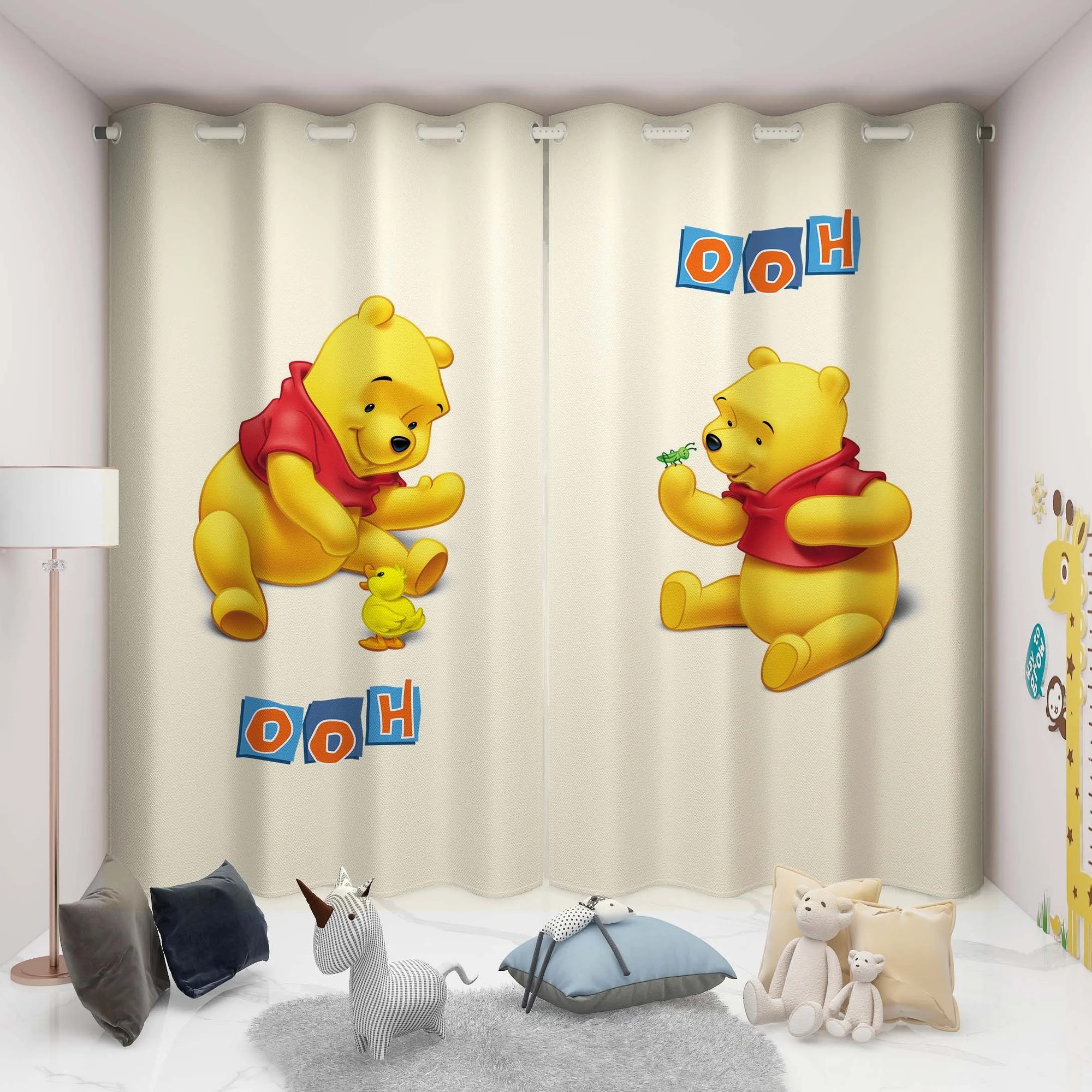 Curtains with Winnie the Pooh cartoon characters in a kids room decorated with toys and playful décor.