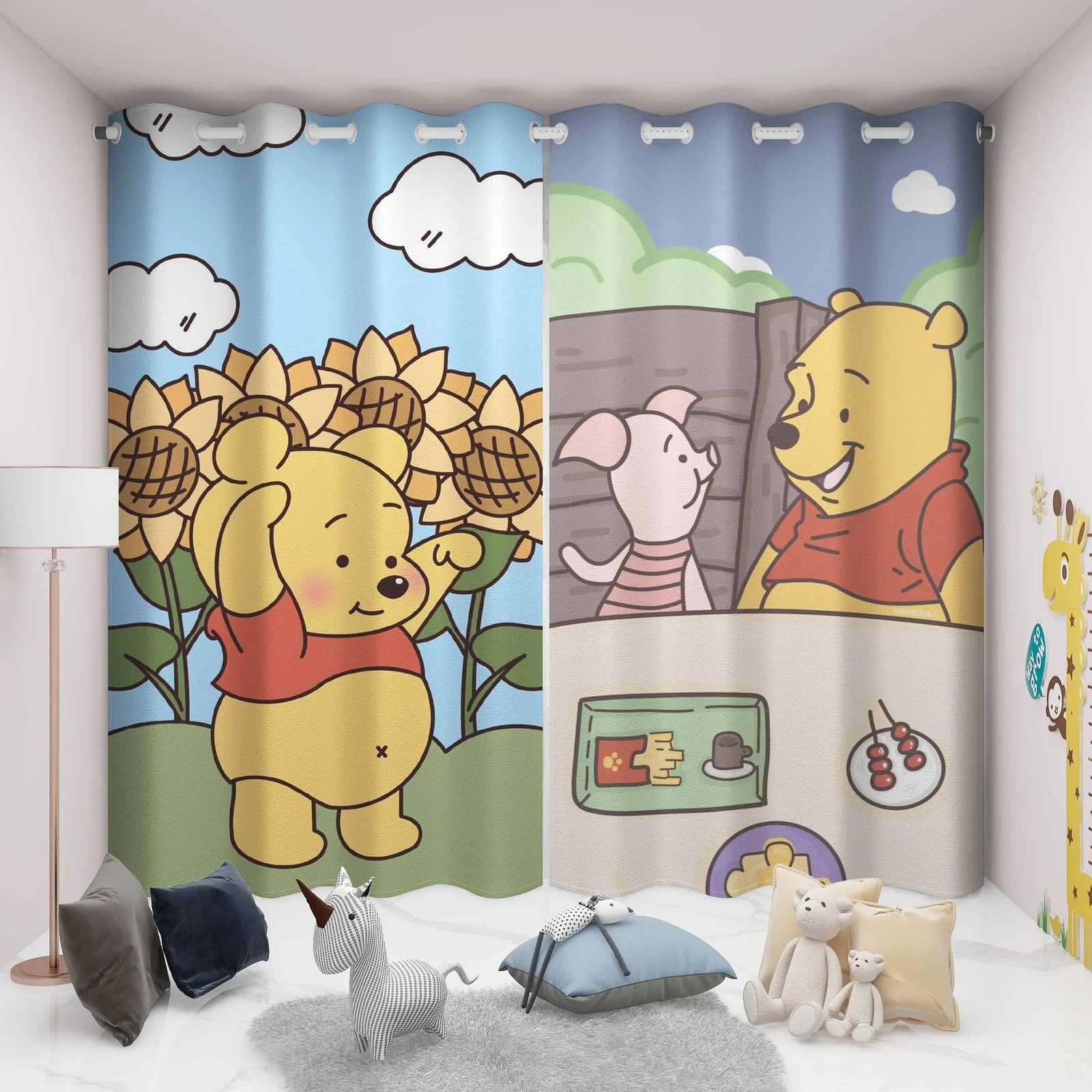 Cartoon-themed curtains featuring Winnie the Pooh and friends in a kids bedroom room setting décor.