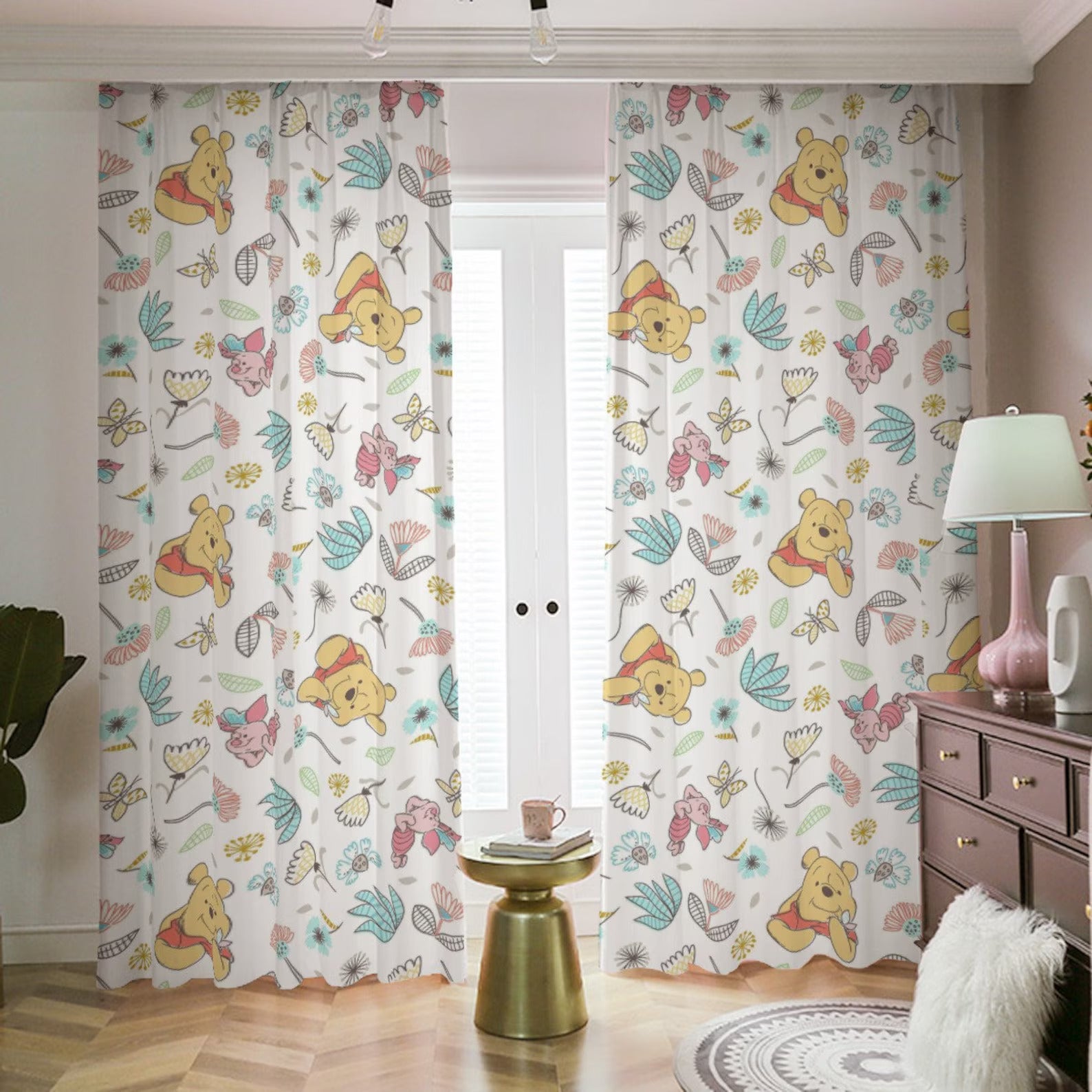 Cartoon Winnie the Pooh nursery curtains, playful blackout drapes for baby and kids bedroom décor.