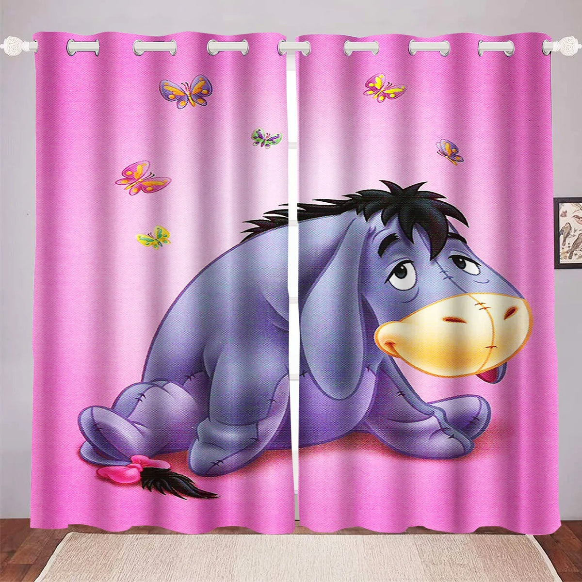 Cartoon curtain featuring Winnie the Pooh’s donkey friend Eeyore on a pink background, ideal for kids bedroom or nursery décor.