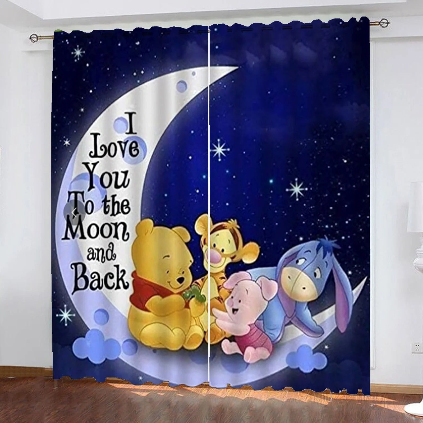 Curtain with Winnie the Pooh and friends sitting on a moon featuring the text “I Love You to the Moon and Back,” perfect for kids bedroom décor.