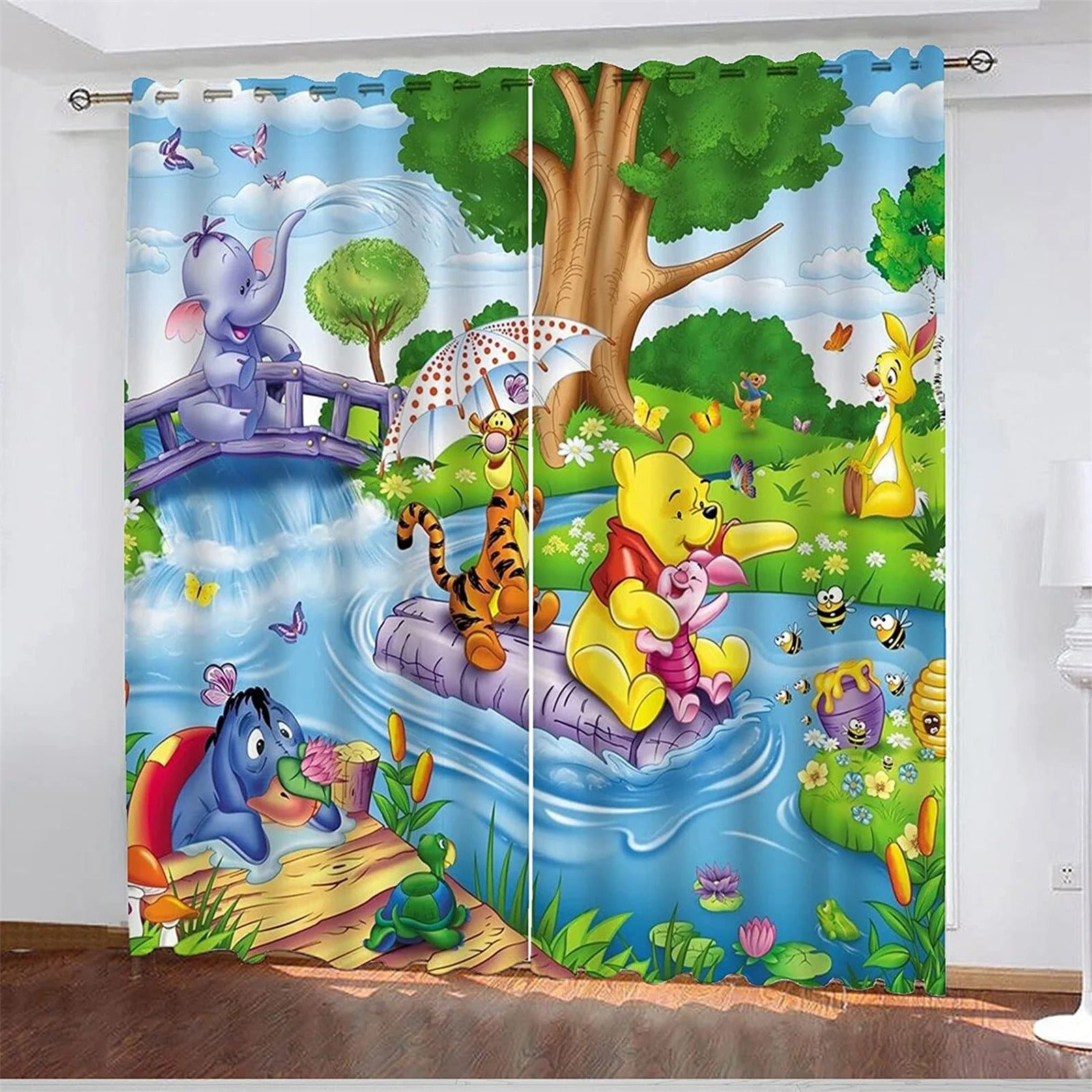 Cartoon-themed curtain featuring Winnie the Pooh and friends by a river, perfect for kids bedroom or playroom décor.