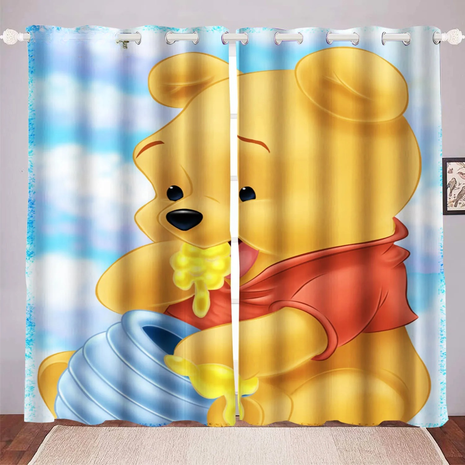 Cartoon curtains with Winnie the Pooh holding a honey pot on a blue and white background, perfect for kids bedroom décor.