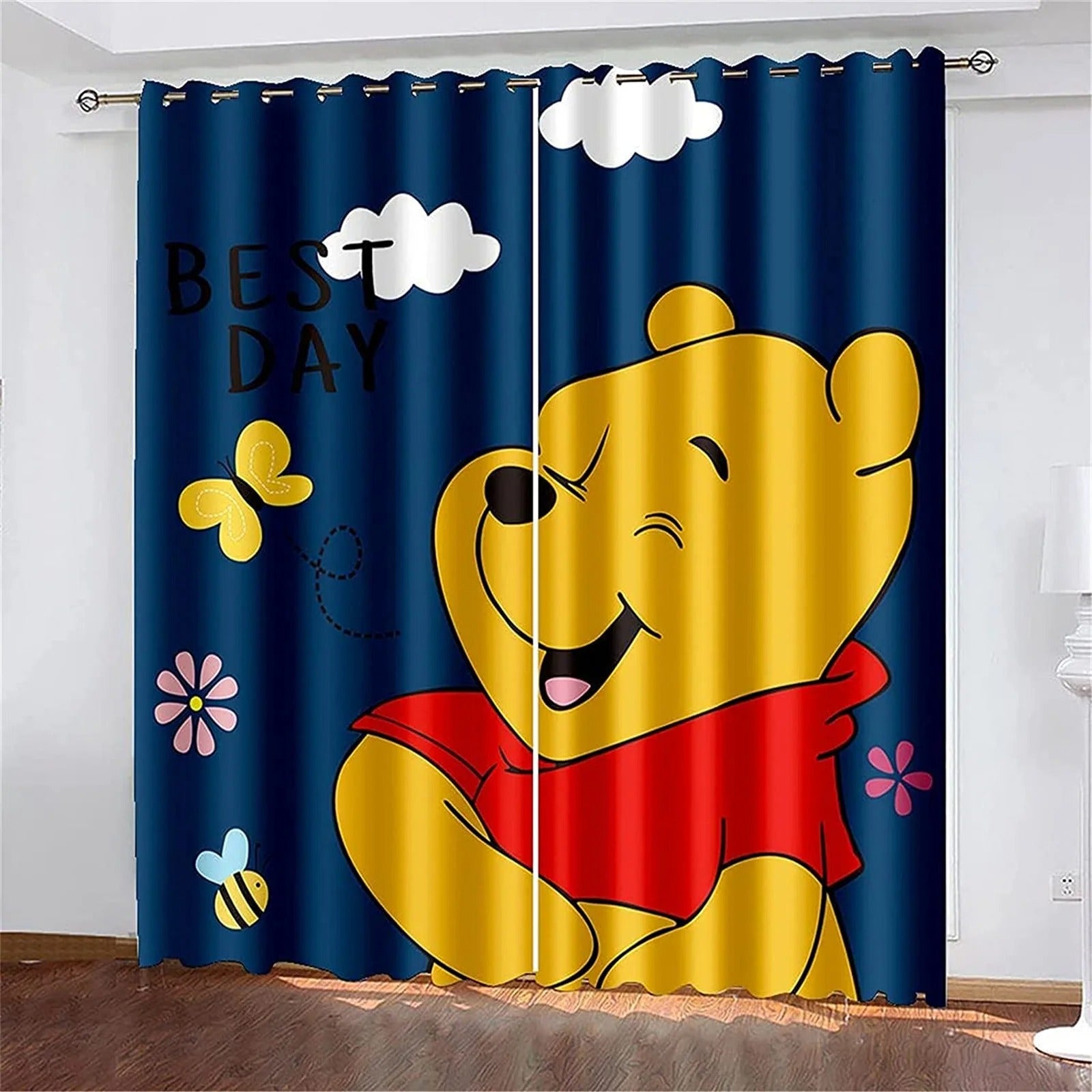 Winnie the Pooh blackout curtains, cartoon window drapes for kids bedroom décor.