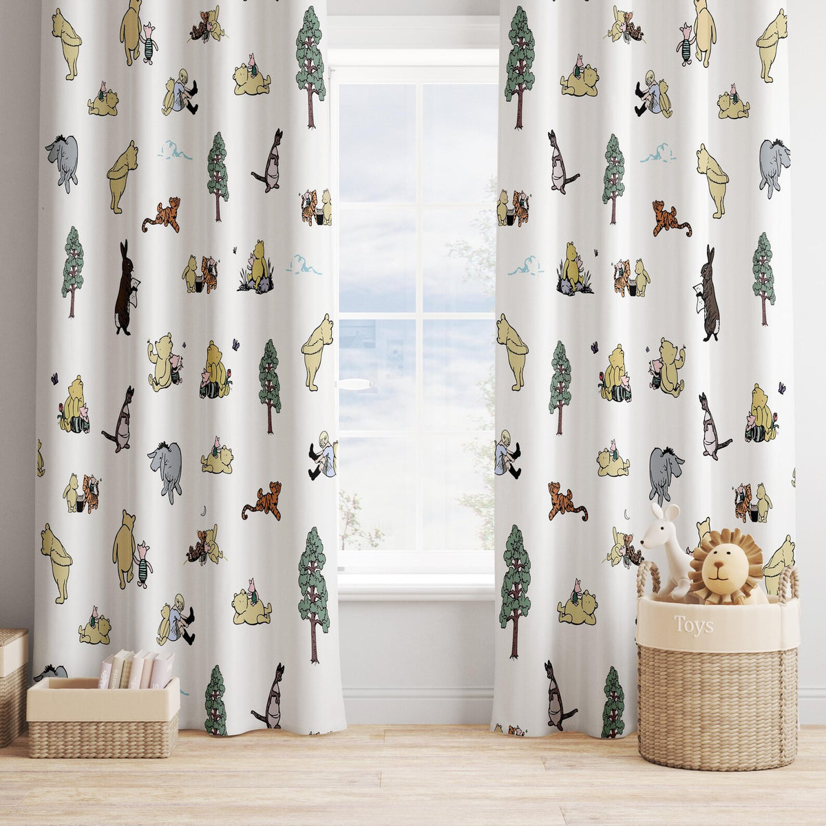 Winnie the Pooh cartoon blackout curtains for kids bedroom and nursery décor.