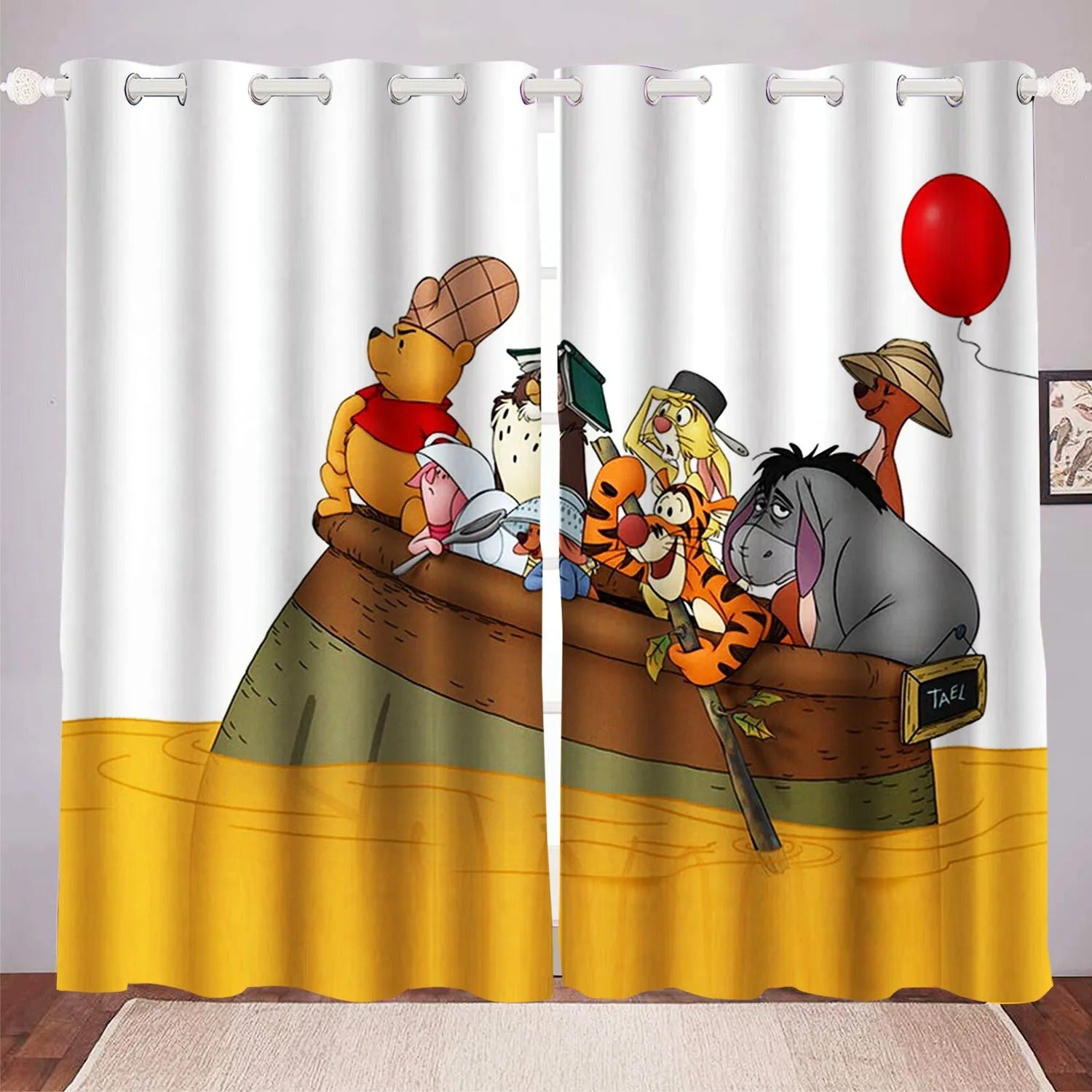 Window curtains with Winnie the Pooh name and cartoon characters, perfect for kids bedroom or nursery décor.