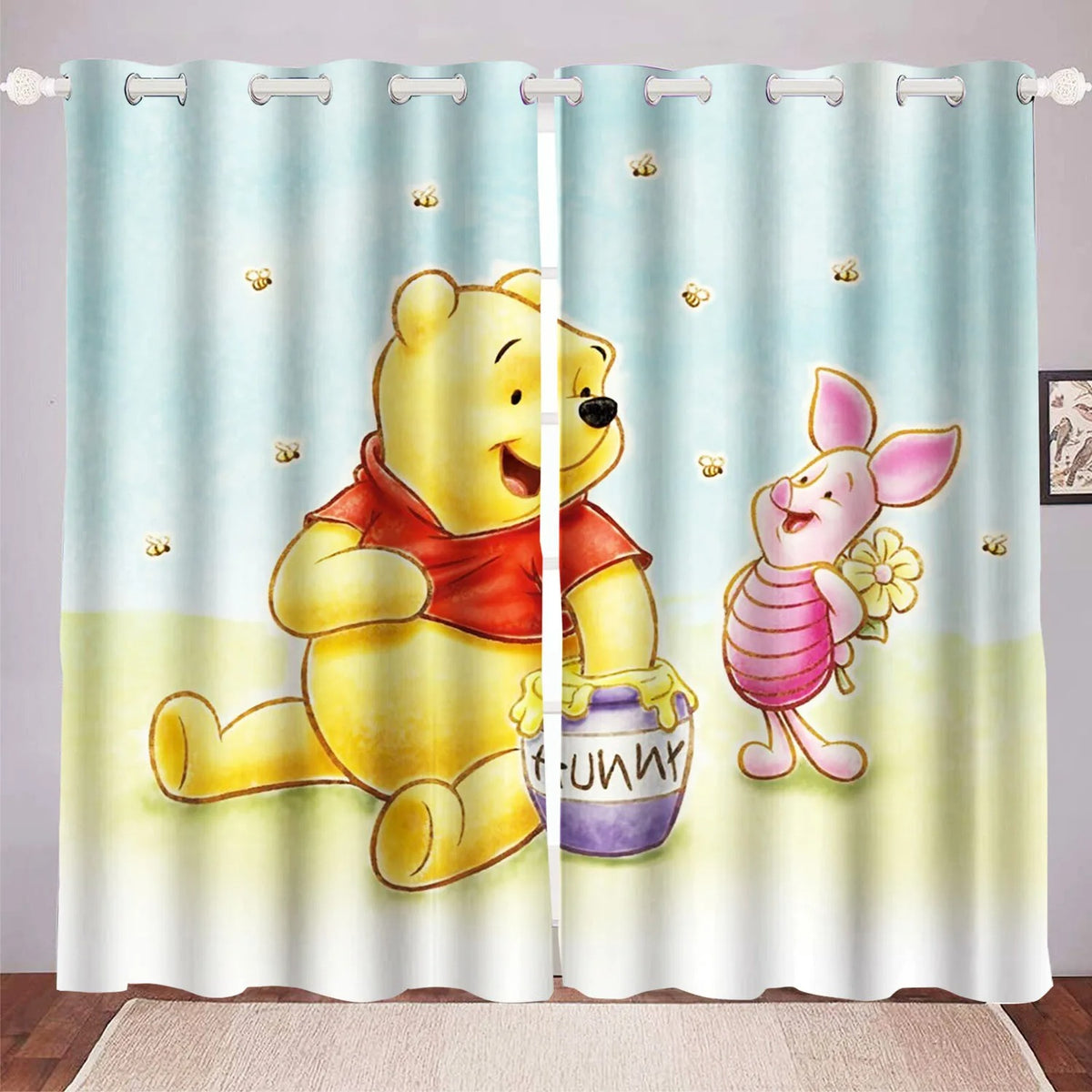 Winnie the Pooh and Piglet cartoon curtains on a light blue background, perfect for kids bedroom or nursery décor.